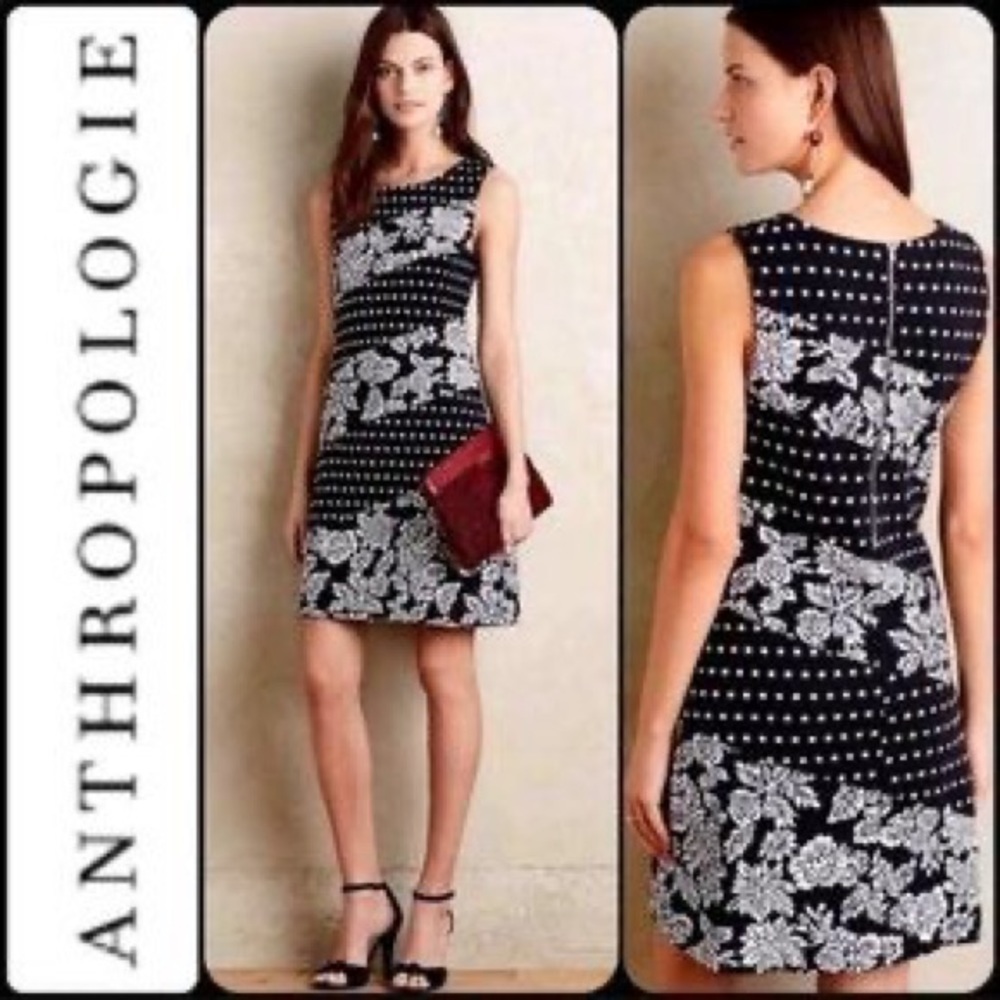 Anthropologie Black & White Polka Dots and Flowers Knit Jacquard Dress by Maeve